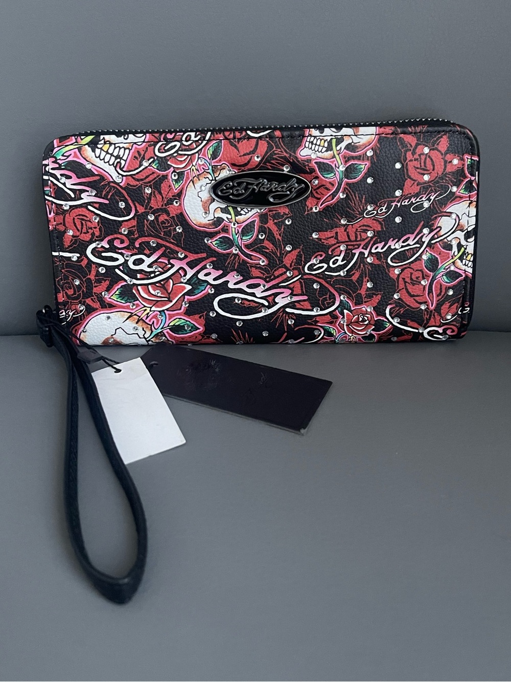 Ed Hardy Wallet Tattoo-Style Skull and Rose Graphic Wristlet